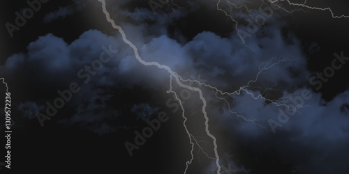 Fork lightning striking down during summer storm. Lightning, thunder cloud dark cloudy sky. 

