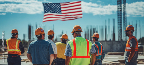 Construction workers collaborating on a project with american flag in the background showcasing teamwork and dedication