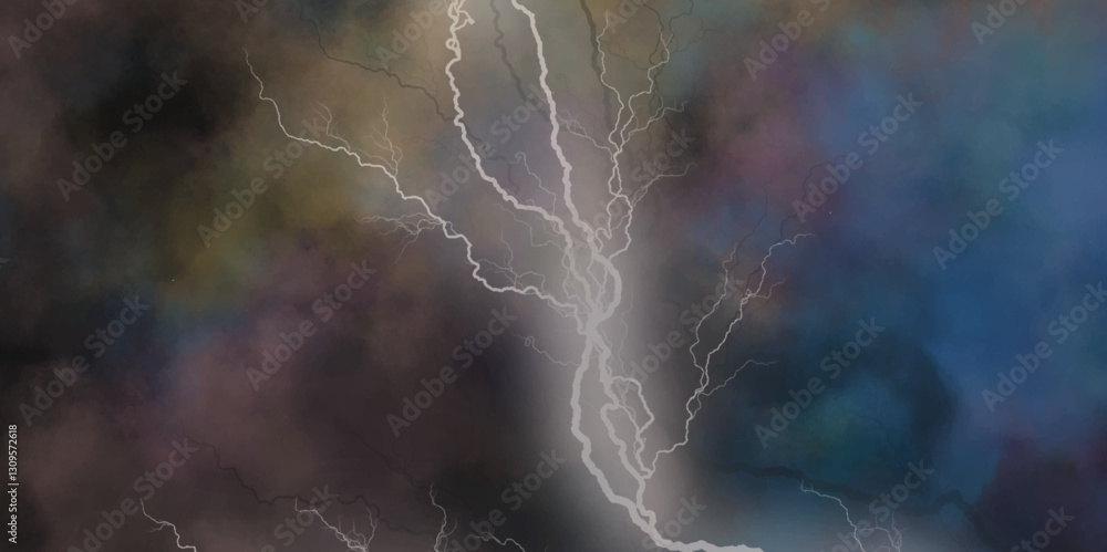 Fork lightning striking down during summer storm. Lightning, thunder cloud dark cloudy sky.
Fork lightning striking down during summer storm. Lightning, thunder cloud dark cloudy sky.