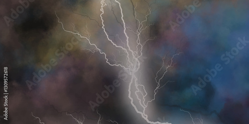 Fork lightning striking down during summer storm. Lightning, thunder cloud dark cloudy sky. 

