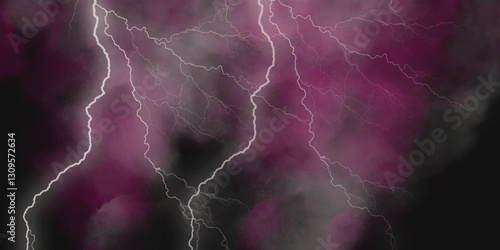Fork lightning striking down during summer storm. Lightning, thunder cloud dark cloudy sky. 
