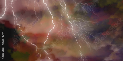 Fork lightning striking down during summer storm. Lightning, thunder cloud dark cloudy sky. 
