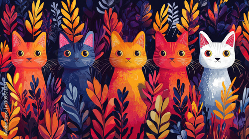 Photography Vibrant cats in lush foliage art illustration colorful nature whimsical environm