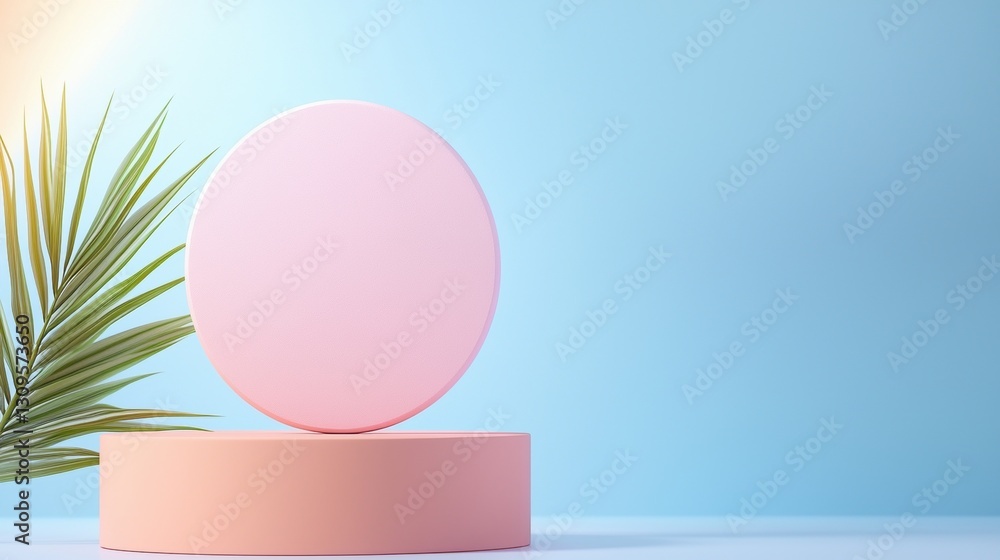 Fototapeta premium A minimalist display featuring a pink circular object on a soft blue background, complemented by a green palm leaf, creating a serene ambiance.