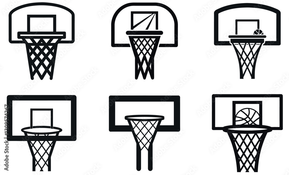 This image set features various black and white illustrations of basketball hoops design This image set features various black and white illustrations of basketball hoops design