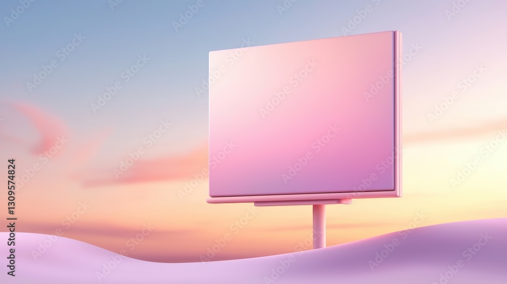 Fototapeta premium A minimalist billboard stands on a soft, pastel landscape under a gradient sky, suggesting tranquility and creativity.