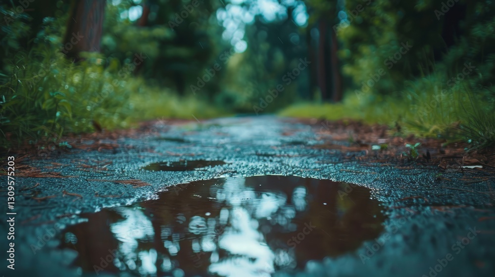 Fototapeta premium A serene puddle after rain, mirroring a magical upside down world full of wonder and charm.