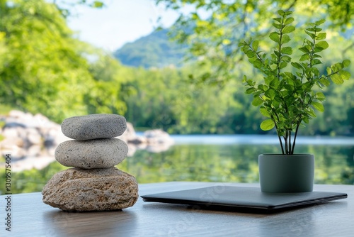 Tranquil Workspace with Rocks and Plant by Scenic Water Background in Busy Office Environment