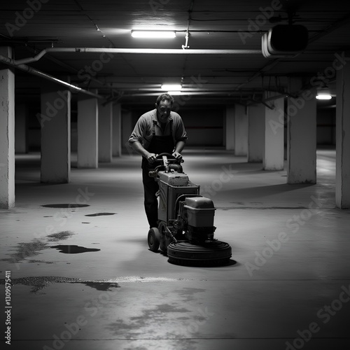 Night Shift Duty: Tired Janitor Working Late in an Empty Parking Garage photo