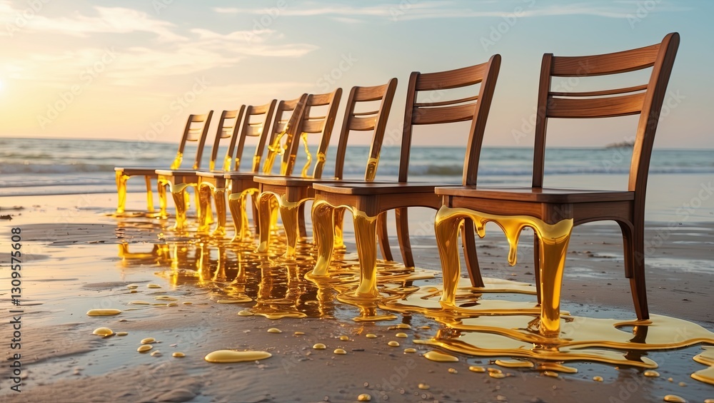 A row of wooden chairs partially submerged in golden liquid on a sandy beach at sunset, reflecting warm tones A row of wooden chairs partially submerged in golden liquid on a sandy beach at sunset, reflecting warm tones