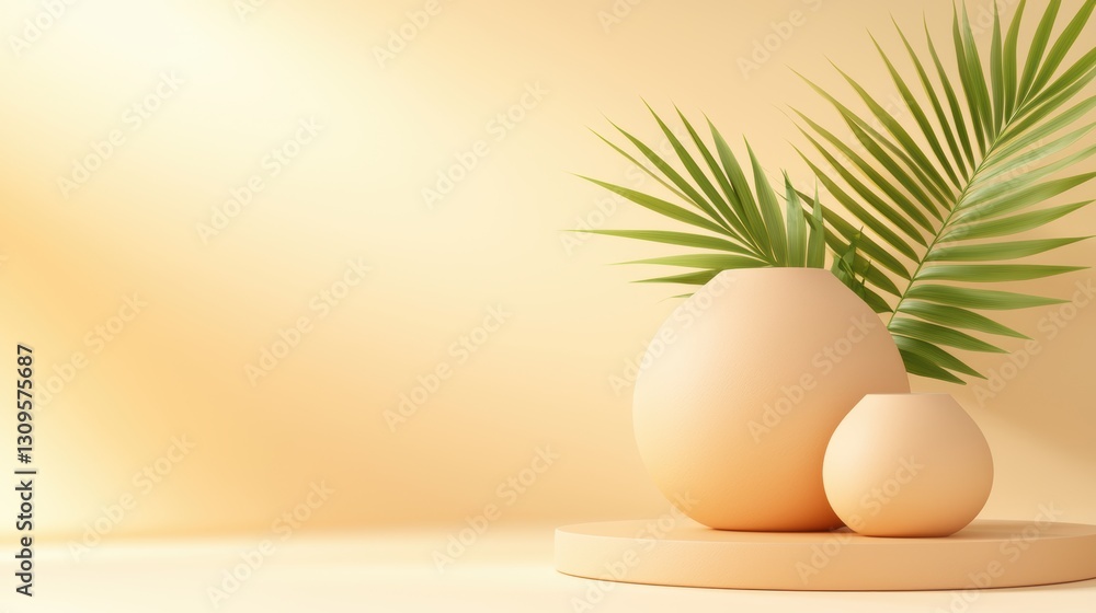Fototapeta premium A minimalist arrangement featuring two ceramic vases and a green palm leaf on a soft yellow background, creating a serene and stylish ambiance.