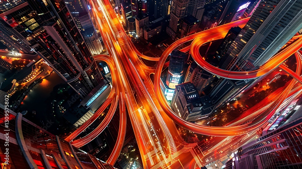 Night Cityscape: Aerial View of a Complex Highway Interchange Illuminated with Light Trails Night Cityscape: Aerial View of a Complex Highway Interchange Illuminated with Light Trails