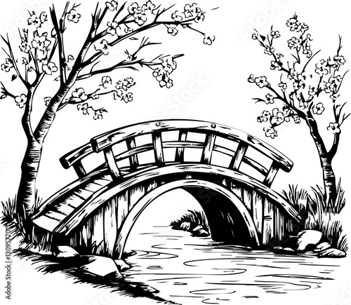 Tranquil wooden bridge over stream serene park line illustration nature setting close-up view peaceful concept