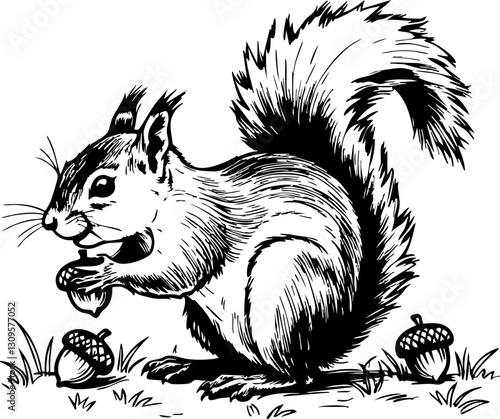Squirrel gathering acorns in a forest wildlife illustration nature scene close-up view playful interaction