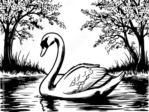 Swan gliding gracefully on serene lake tranquil nature scene black and white illustration calm environment artistic view