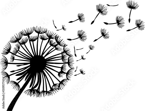 Dandelion seeds blowing away nature scene graphic illustration calm environment close-up view freedom concept