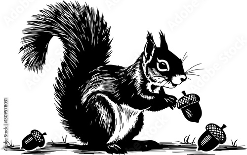 Squirrel collecting acorns forest wildlife illustration natural habitat close-up view nature conservation