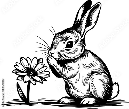 Curious rabbit sniffing flower garden illustration natural setting close-up whimsical nature