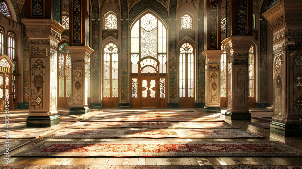 Obraz premium Majestic mosque interior with intricate designs and sunlight