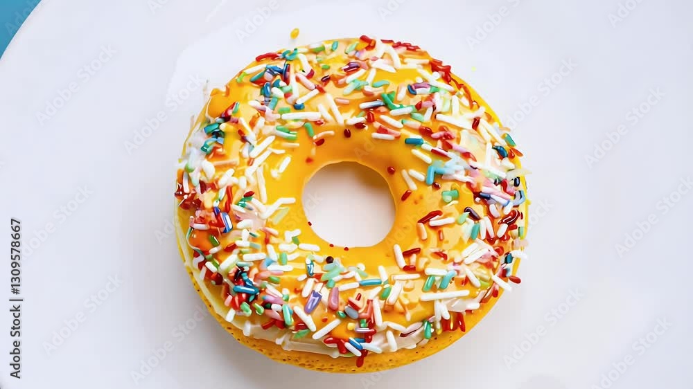 colorful sprinkle covered donut spins macro close up set clean white background showcasing texture delicious details high definition video