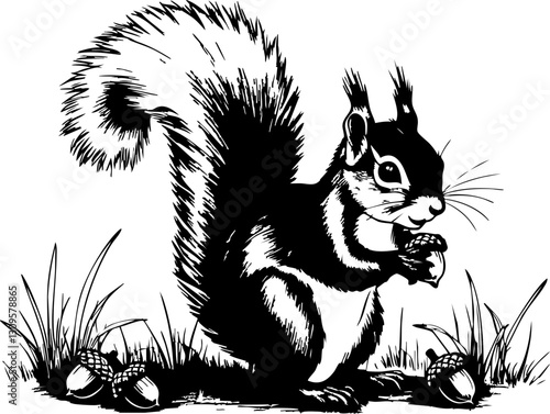 Squirrel gathering acorns forest wildlife illustration natural habitat close-up foraging behavior