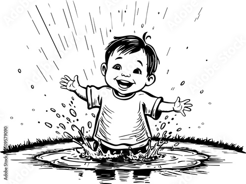 Child joyfully splashing in puddle outdoor playground illustration playful environment upbeat viewpoint happiness concept