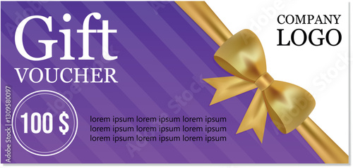Gift voucher, certificate in festive style with golden bow.