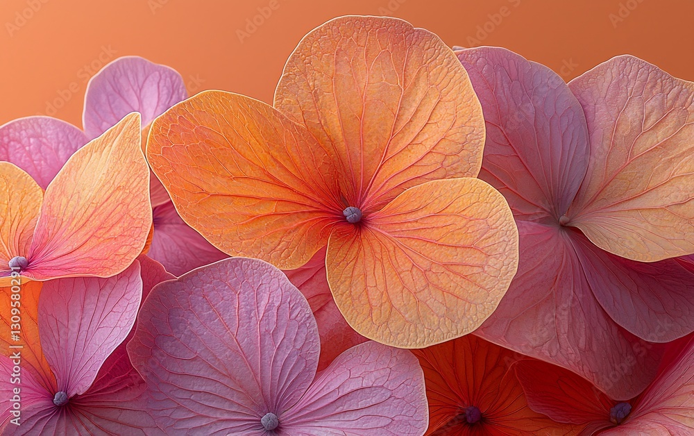 Obraz premium Close-up of peach and pink hydrangea blossoms.