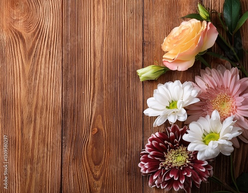 fresh flowers on natural dark wood background with copy space, top view
