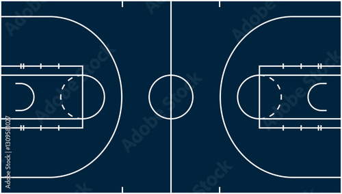 Top view of basketball court with white markings on dark background, vector illustration