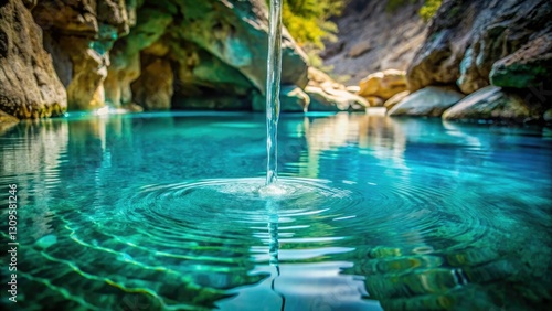 Turquoise water drips slowly from a rock formation into a shallow pool, flow, green, pool, fluid dynamics, landscape
