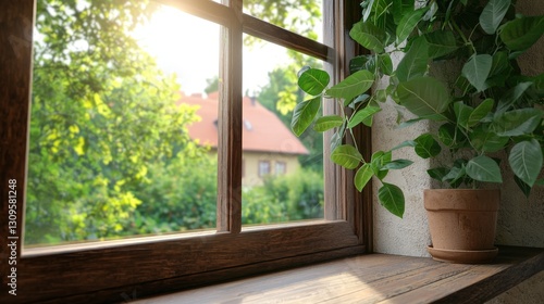 Traditional Polish Open Tilt Window with Natural Sunlight and Vibrant Greenery Outdoors