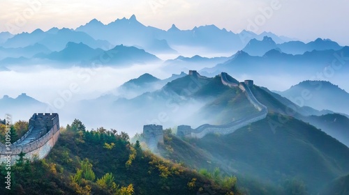 Majestic panorama of the Great Wall of China winding through the mountain