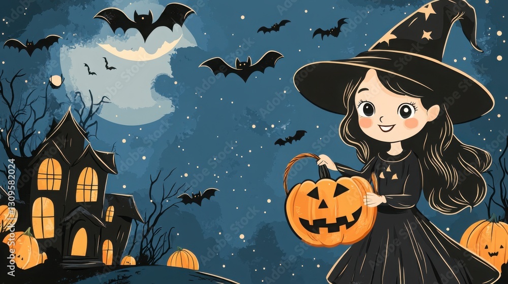A cute hand-drawn cartoon witch wearing a pointed hat, holding a pumpkin basket, with flying bats and a haunted house in the background for Halloween A cute hand-drawn cartoon witch wearing a pointed hat, holding a pumpkin basket, with flying bats and a haunted house in the background for Halloween