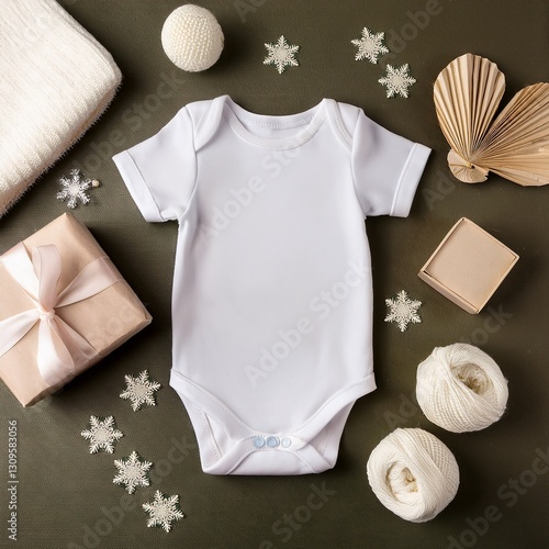 baby onesie flat lay top view mockup on neutral boho background