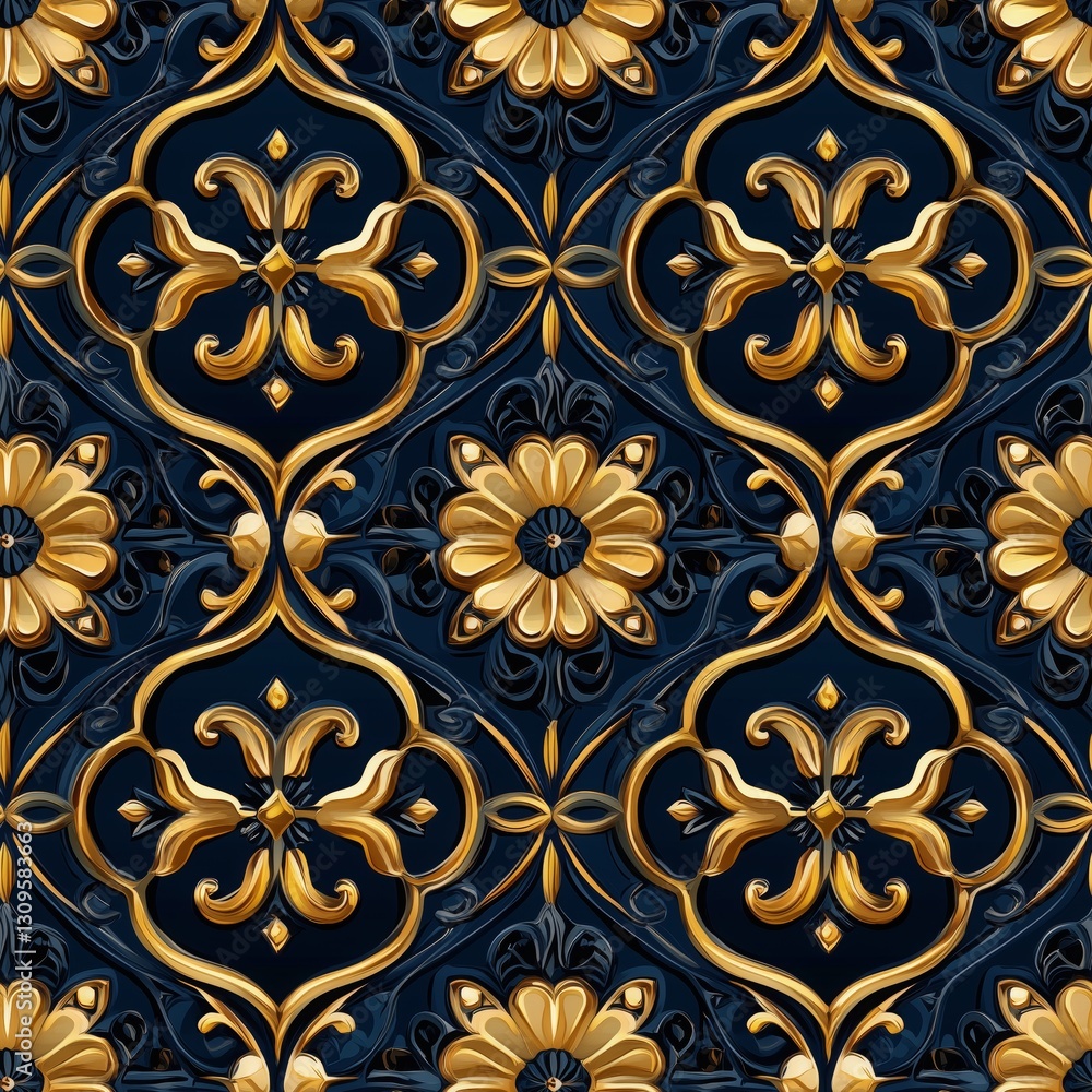 Elegant seamless pattern featuring intricate floral designs in gold and navy blue tones suitable for various decor applications Elegant seamless pattern featuring intricate floral designs in gold and navy blue tones suitable for various decor applications