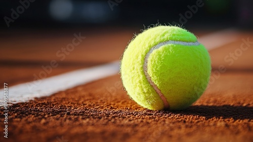 A vibrant yellow tennis ball with a crisp white seam rests against the textured surface of a brown tennis court, slightly tilted to reveal its dynamic edge