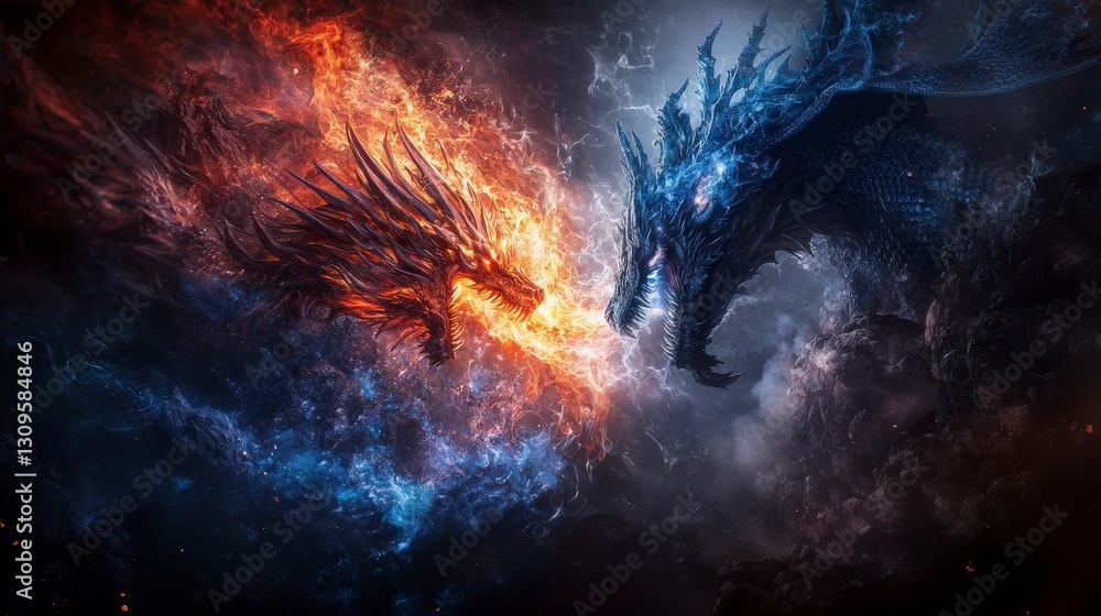 Naklejka premium Epic battle of celestial dragons a fantastical showdown in the cosmos digital art mystical landscape perspective