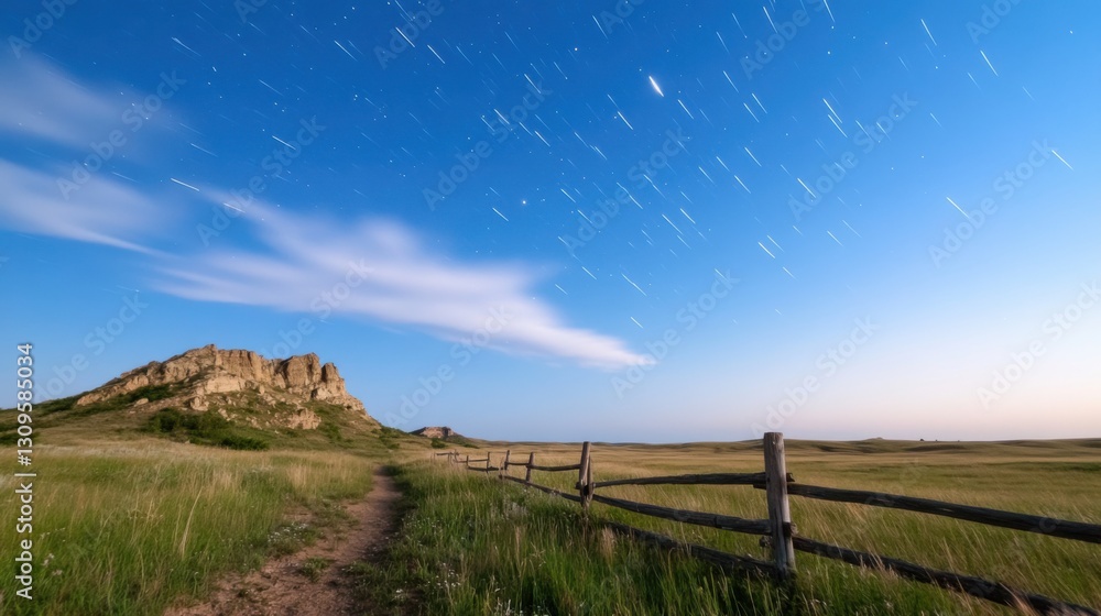 Obraz premium Star trails over grassy plains and a rock formation at night. A dirt path leads towards the rocks, beside a wooden fence.