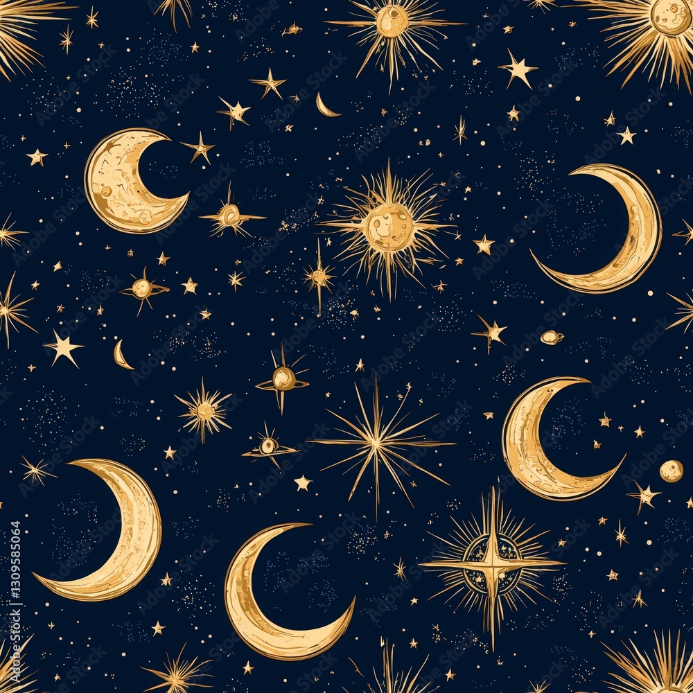 Naklejka premium Celestial themed seamless pattern featuring golden moons, suns, and stars against a deep blue background