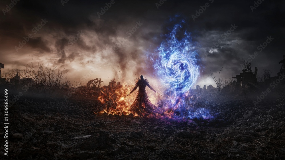 Fototapeta premium Celestial warrior trains amidst ruins in a desolate field fantasy art with dark elements dramatic viewpoint