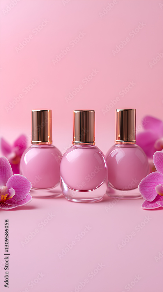 A mockup of three round pink nail polish bottles with golden caps, beautifully arranged with orchid flowers on a soft pastel background. A mockup of three round pink nail polish bottles with golden caps, beautifully arranged with orchid flowers on a soft pastel background.