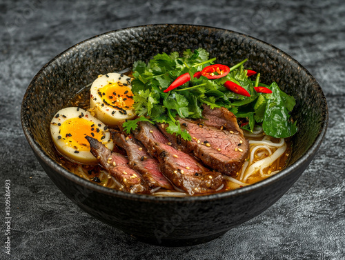 Seared Beef and Soft Boiled Egg Noodle Bowl photo