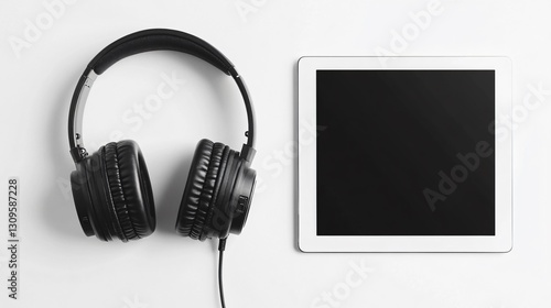 Professional flat lay of headphones and tablet