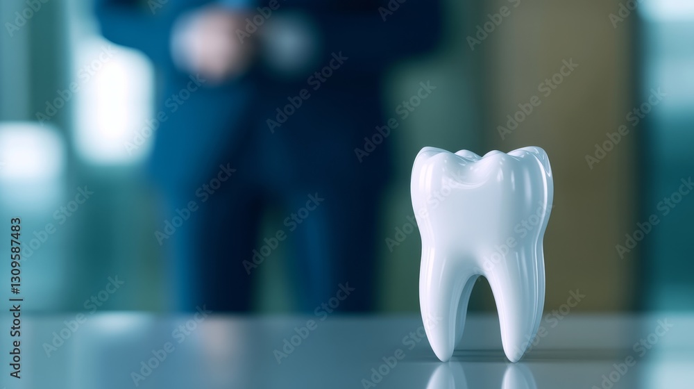 A close-up of a white tooth model on a table, with a blurred professional in a suit in the background A close-up of a white tooth model on a table, with a blurred professional in a suit in the background