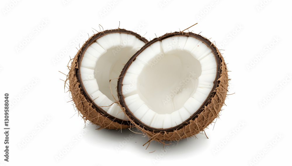 Halved Coconut Fruit Displaying White Flesh on Bright Background Halved Coconut Fruit Displaying White Flesh on Bright Background
