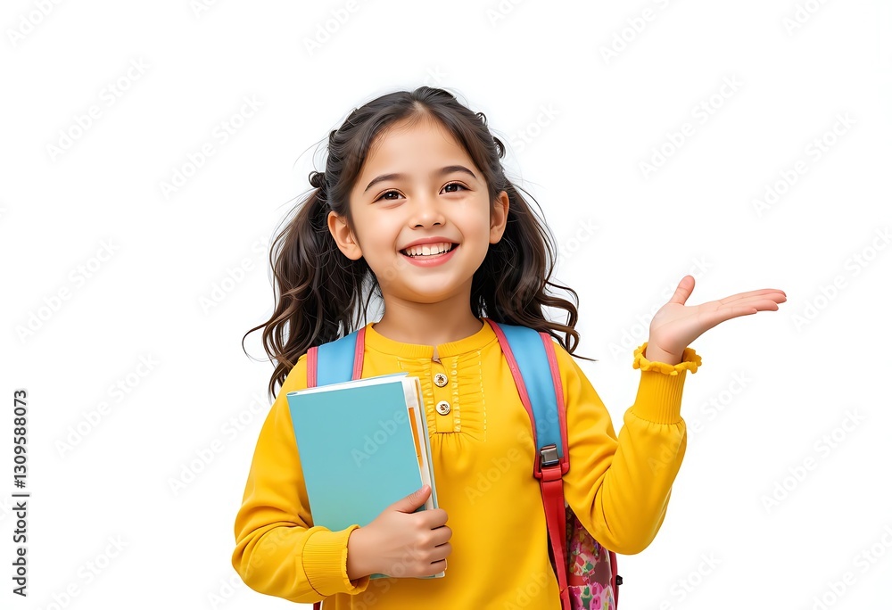Happy Schoolgirl Presenting Books Against White Background. Generative Ai Happy Schoolgirl Presenting Books Against White Background. Generative Ai