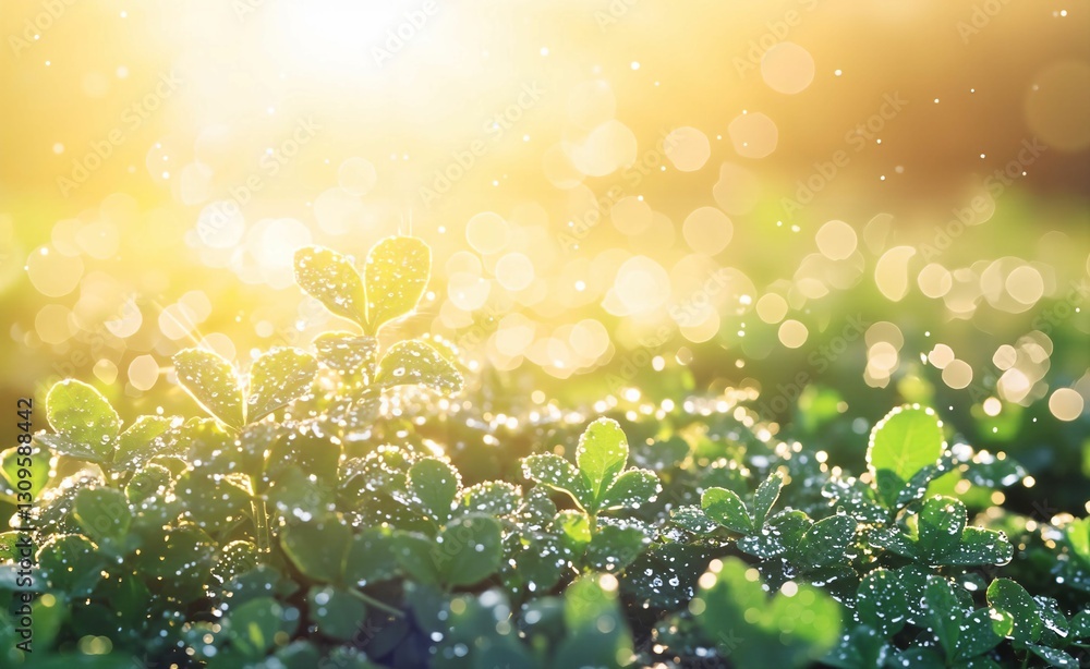 Lush Green Plants Glimmering with Dewdrops in Soft Golden Sunrise Light Lush Green Plants Glimmering with Dewdrops in Soft Golden Sunrise Light