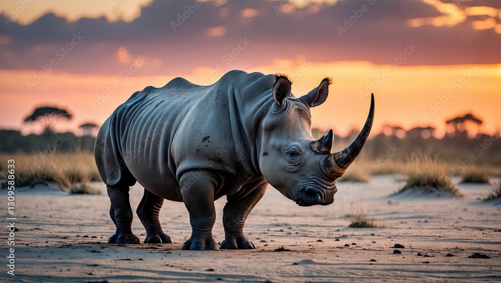 Fototapeta premium A majestic rhinoceros stands in the sandy landscape at sunset, with vibrant colors in the sky and grasslands in the background