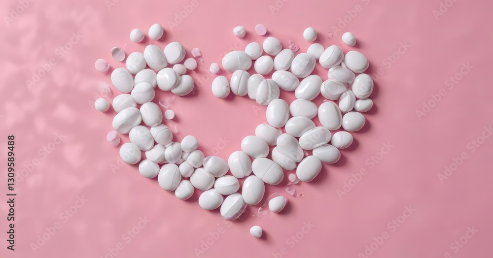 White pills arranged in the shape of a heart on a pink background, healthcare, love White pills arranged in the shape of a heart on a pink background, healthcare, love